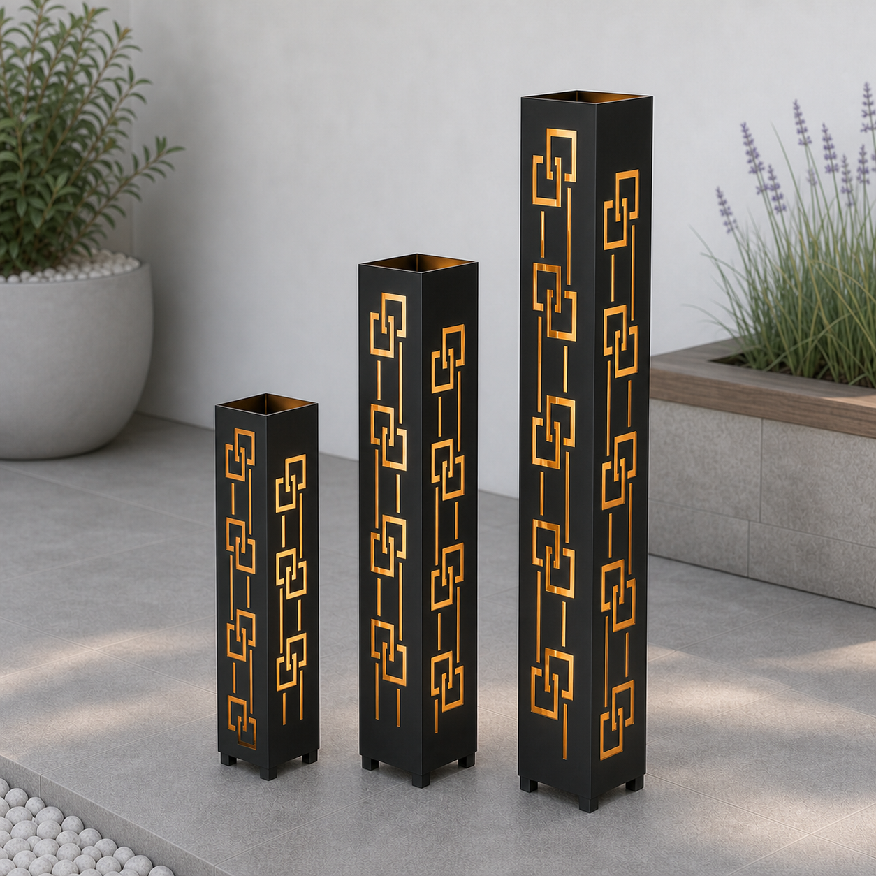 Design 129 laser cut garden light tower three size comparison