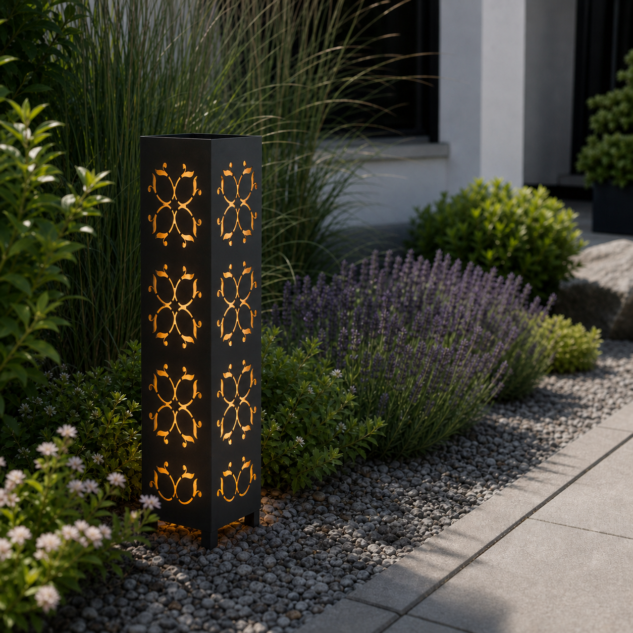 Design 130 laser cut garden light pillar installed in landscaped patio during daytime