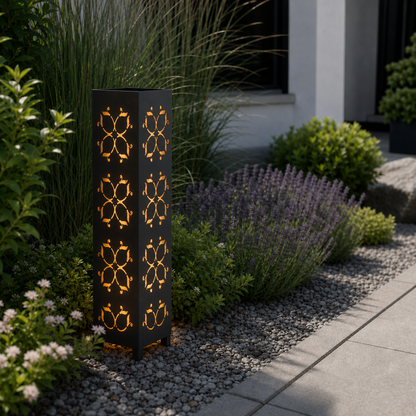 Design 130 laser cut garden light pillar installed in landscaped patio during daytime