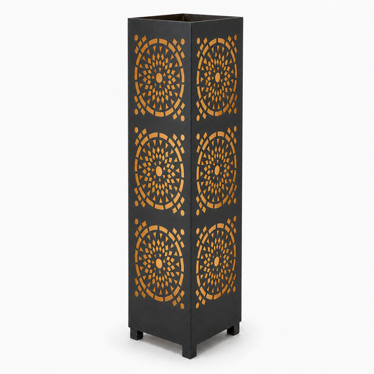 Design 131 black laser cut metal garden light tower with warm LED glow on white background