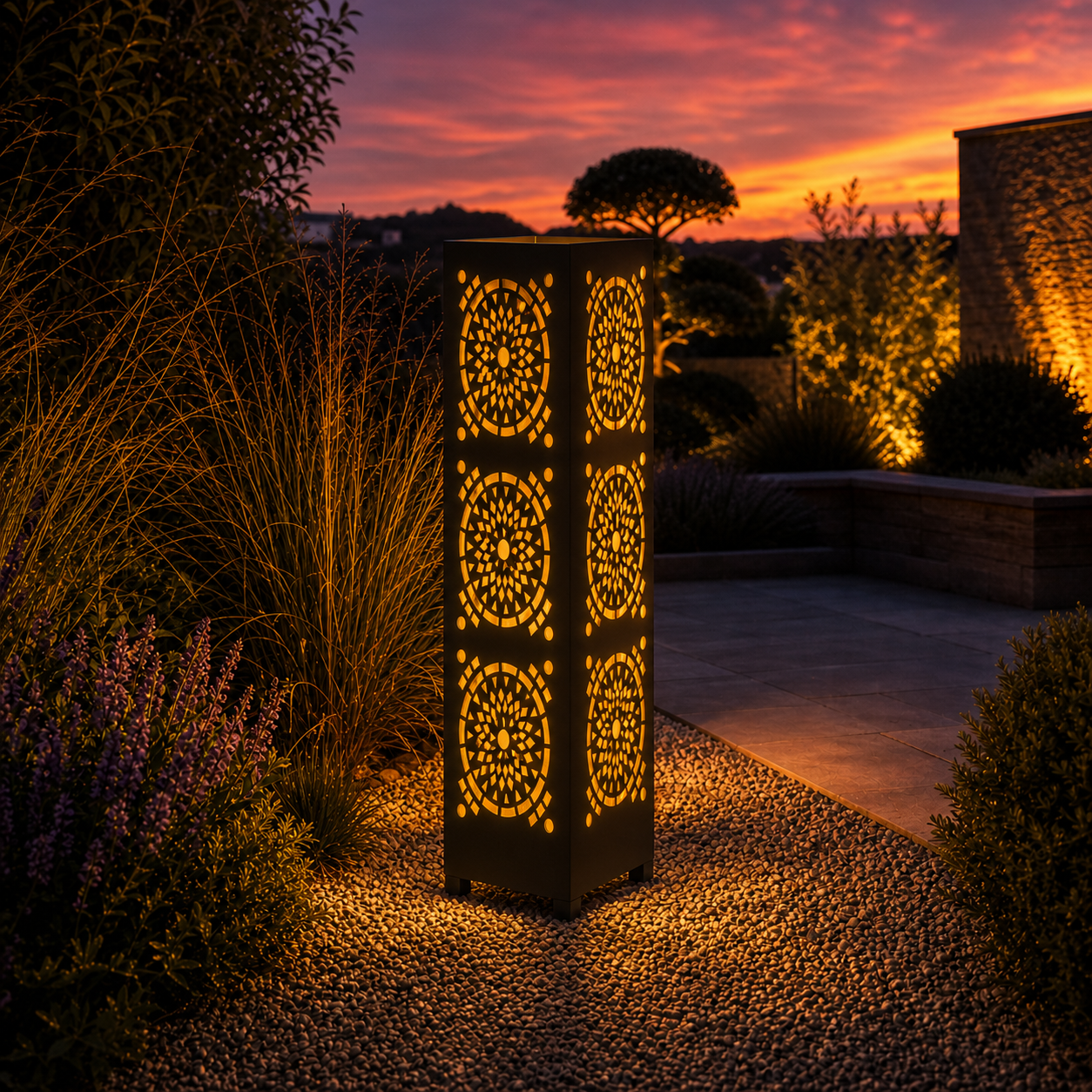 Design 131 outdoor decorative LED light column glowing at dusk in garden setting