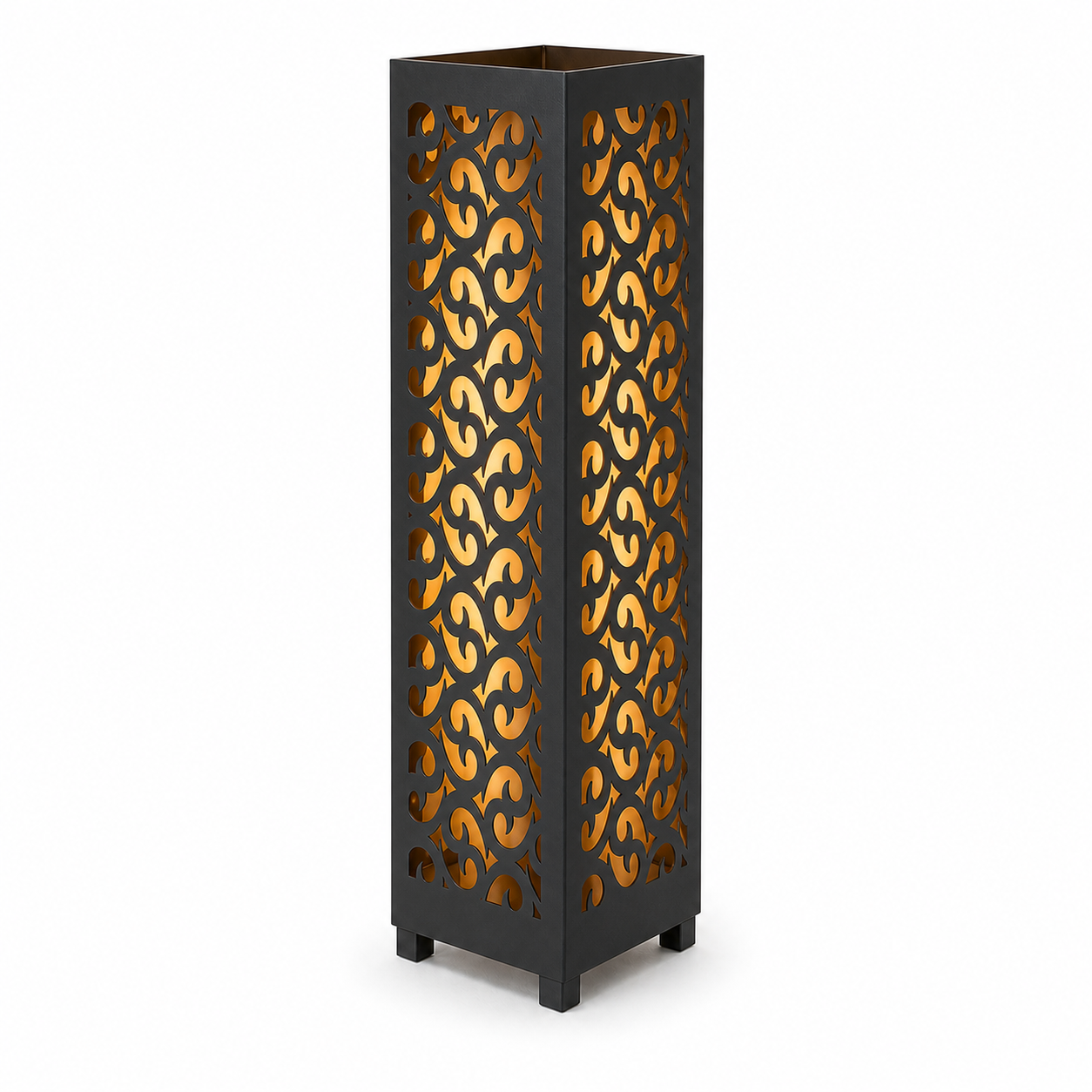 Design 132 black laser cut metal garden light tower with warm LED glow on white background