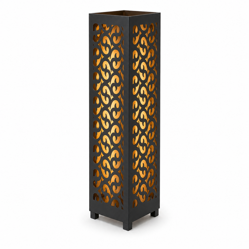 Design 132 black laser cut metal garden light tower with warm LED glow on white background