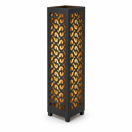 Design 132 black laser cut metal garden light tower with warm LED glow on white background