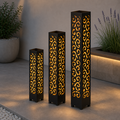 Design 132 laser cut garden light tower three size comparison