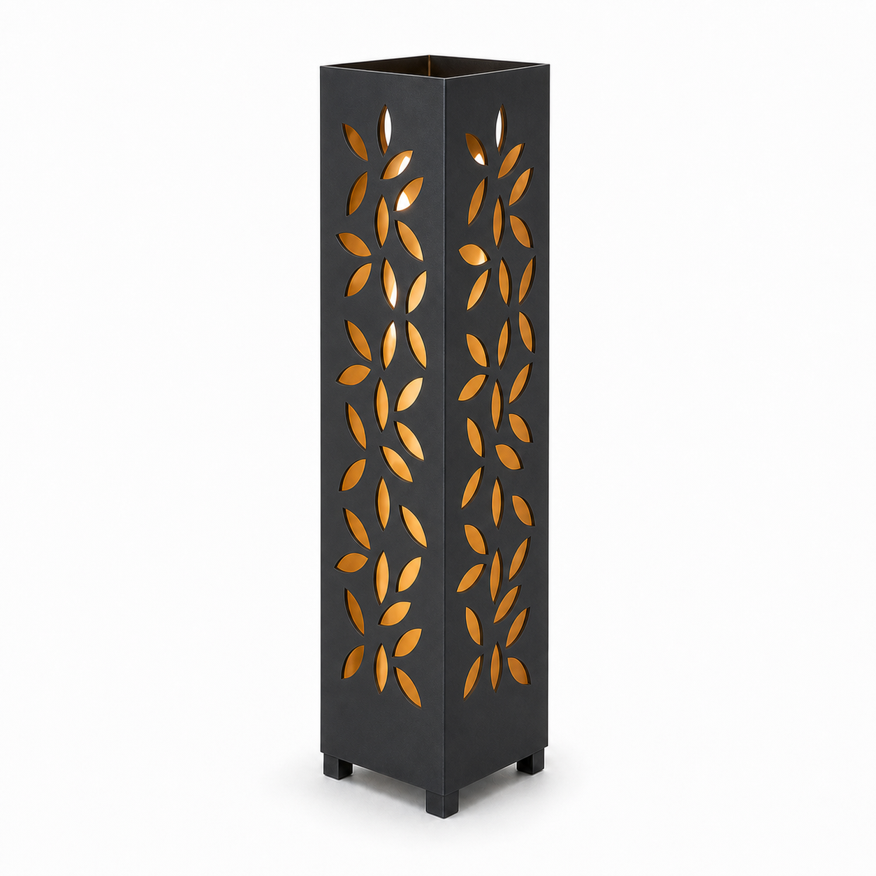 Design 134 black laser cut metal garden light tower with warm LED glow on white background