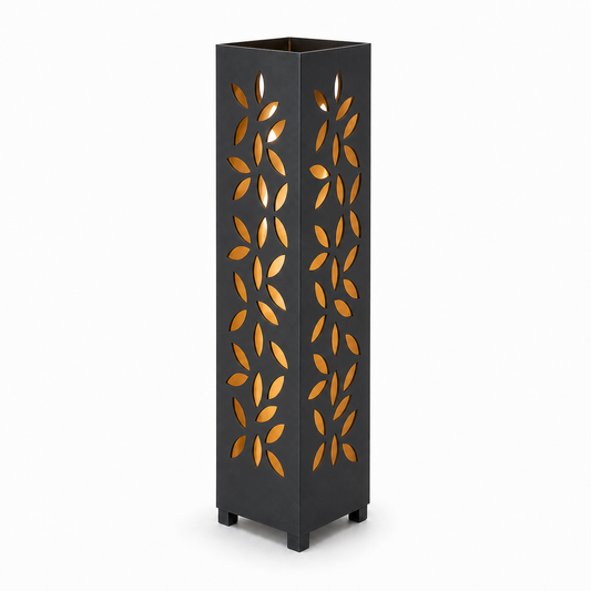 Design 134 black laser cut metal garden light tower with warm LED glow on white background