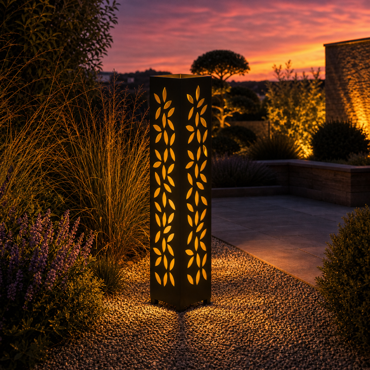 Design 134 outdoor decorative LED light column glowing at dusk in garden setting