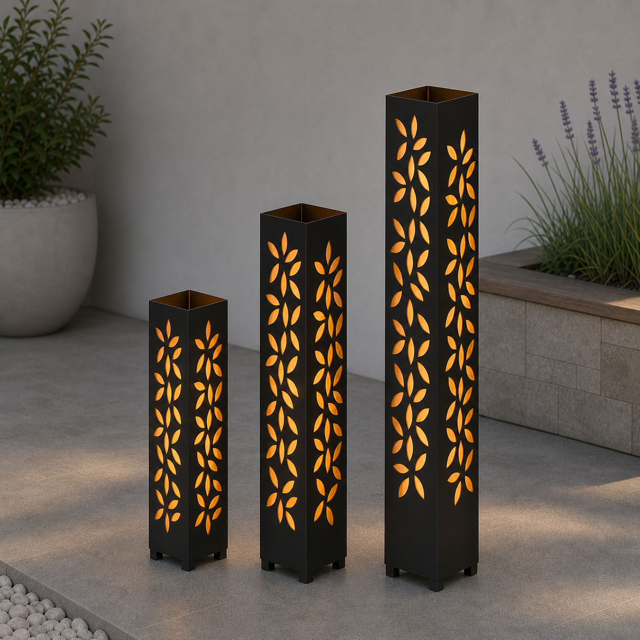 Design 134 laser cut garden light tower three size comparison
