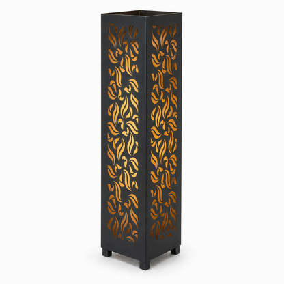 Design 135 black laser cut metal garden light tower with warm LED glow on white background