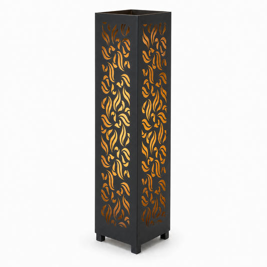 Design 135 black laser cut metal garden light tower with warm LED glow on white background