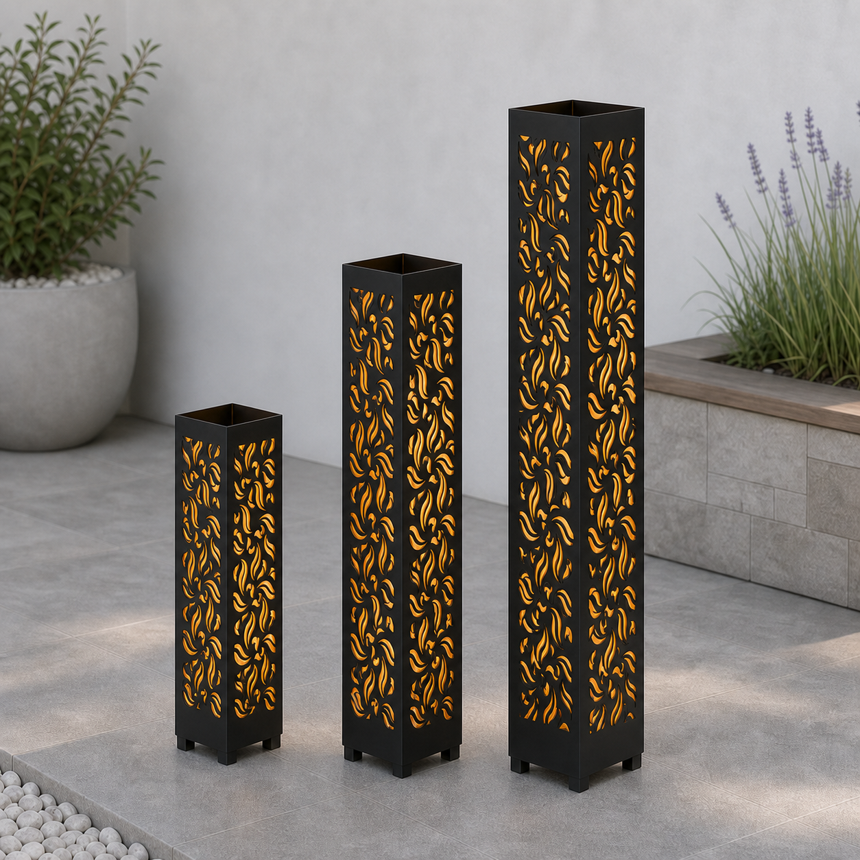 Design 135 laser cut garden light tower three size comparison