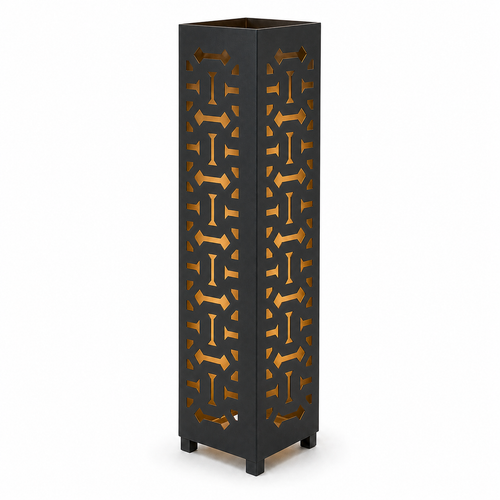 Design 136 black laser cut metal garden light tower with warm LED glow on white background