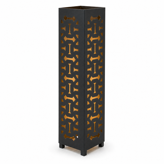 Design 136 black laser cut metal garden light tower with warm LED glow on white background