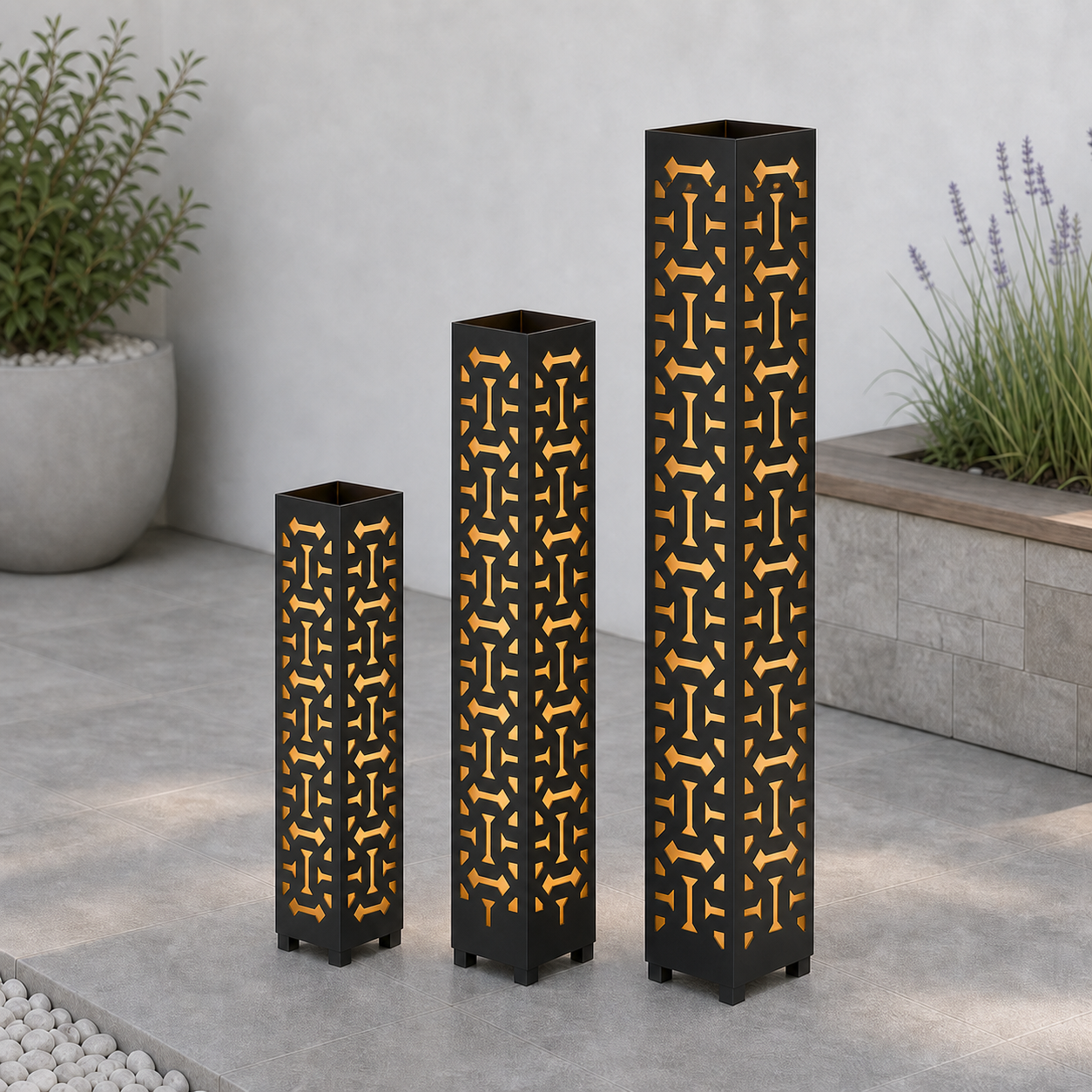 Design 136 laser cut garden light tower three size comparison