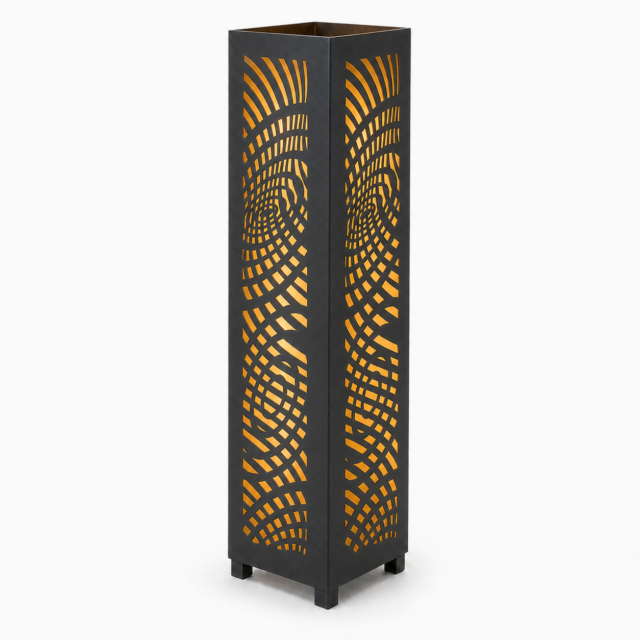Design 137 black laser cut metal garden light tower with warm LED glow on white background