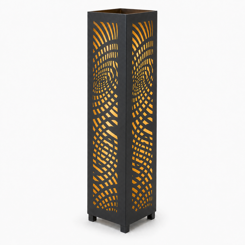 Design 137 black laser cut metal garden light tower with warm LED glow on white background