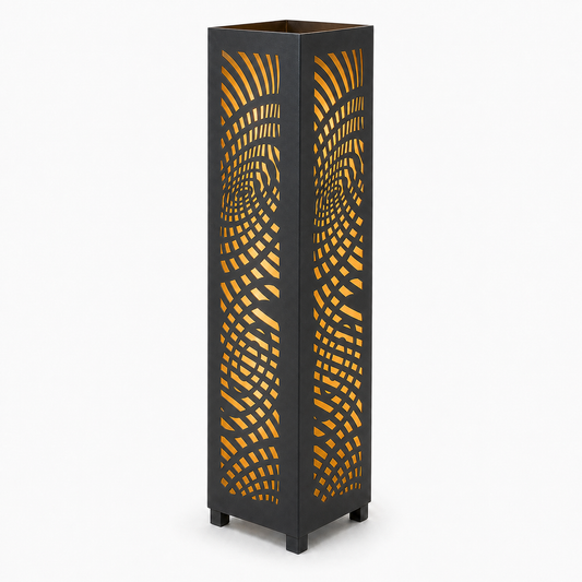Design 137 black laser cut metal garden light tower with warm LED glow on white background