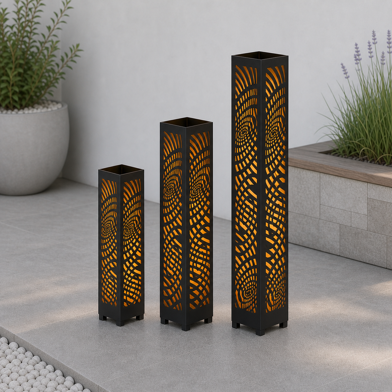 Design 137 laser cut garden light tower three size comparison
