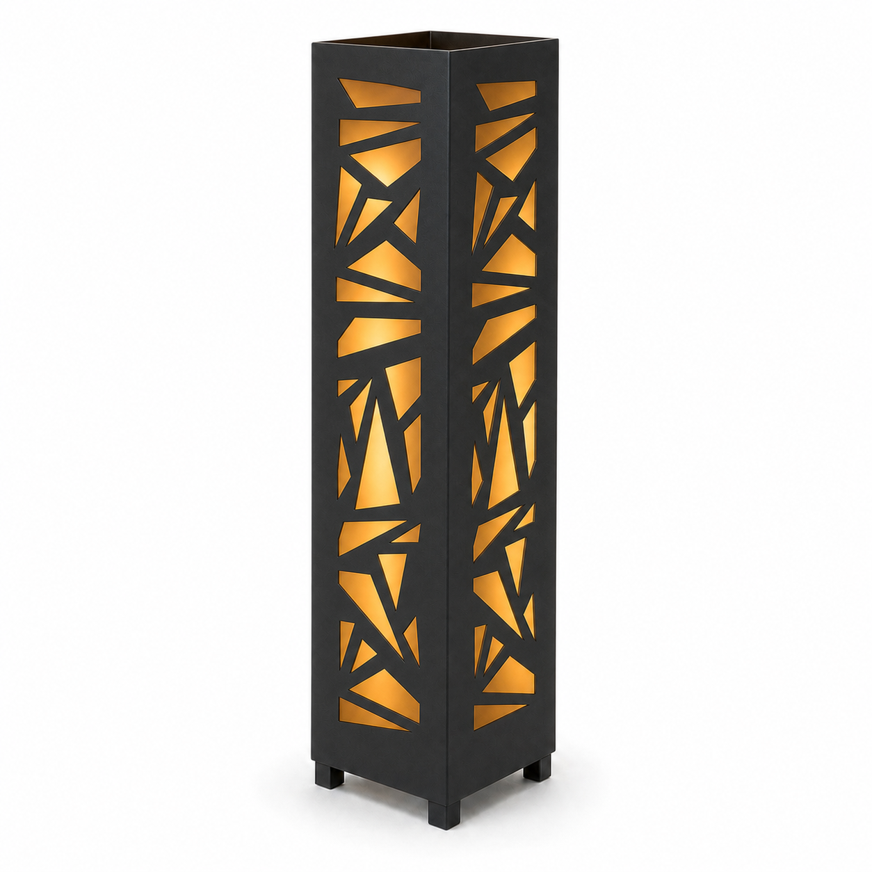 Design 138 black laser cut metal garden light tower with warm LED glow on white background