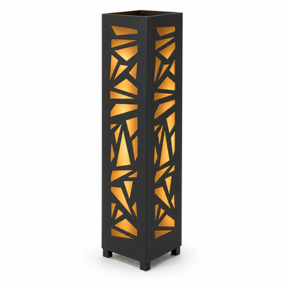 Design 138 black laser cut metal garden light tower with warm LED glow on white background