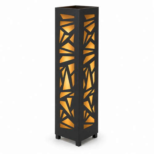 Design 138 black laser cut metal garden light tower with warm LED glow on white background