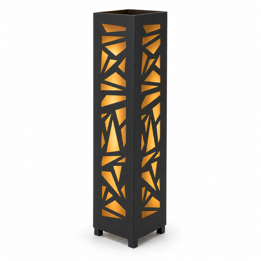 Design 138 black laser cut metal garden light tower with warm LED glow on white background