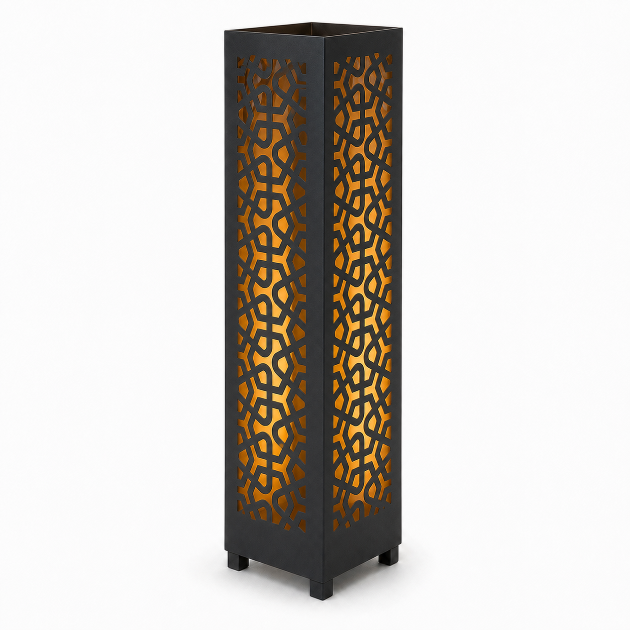 Design 139 black laser cut metal garden light tower with warm LED glow on white background