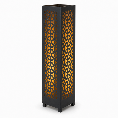 Design 139 black laser cut metal garden light tower with warm LED glow on white background