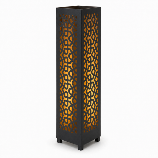 Design 139 black laser cut metal garden light tower with warm LED glow on white background