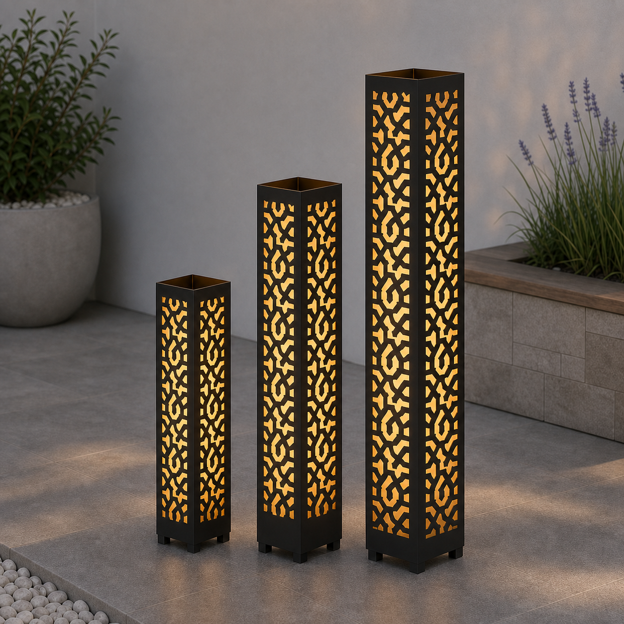 Design 139 laser cut garden light tower three size comparison