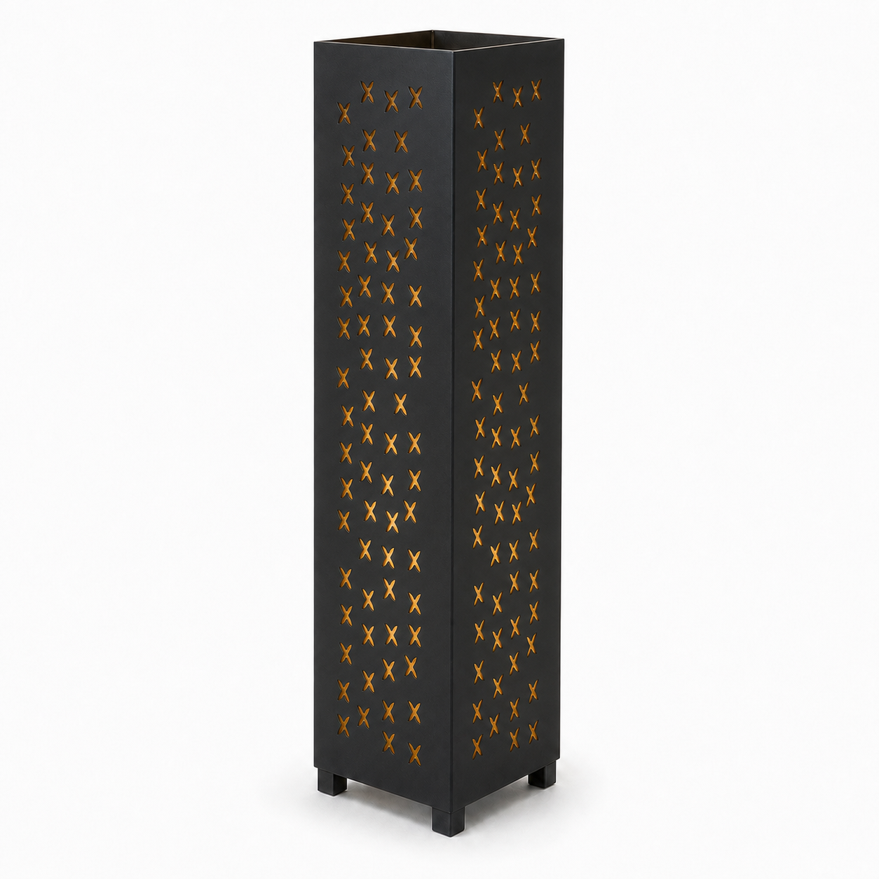 Design 140 black laser cut metal garden light tower with warm LED glow on white background