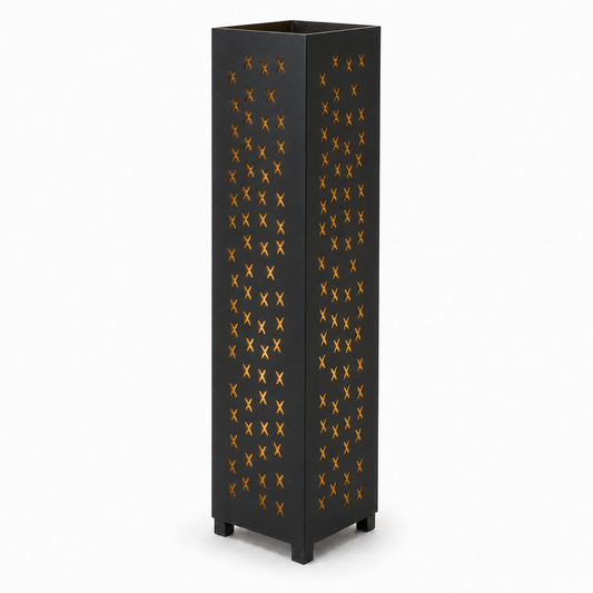 Design 140 black laser cut metal garden light tower with warm LED glow on white background