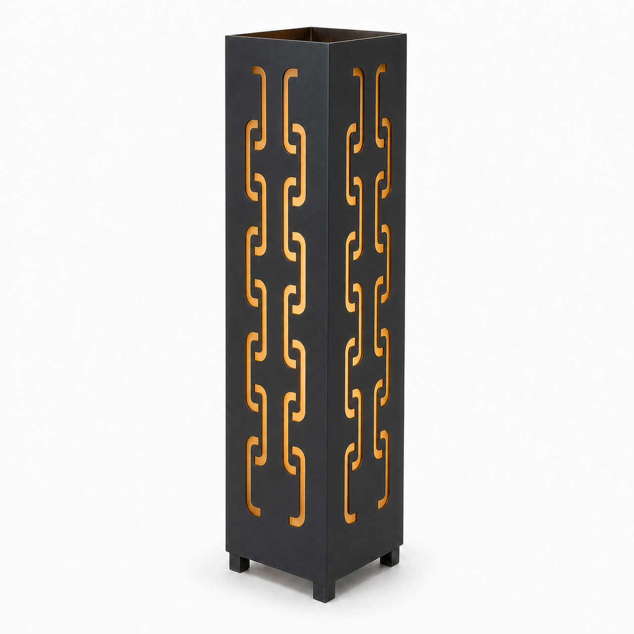 Design 141 black laser cut metal garden light tower with warm LED glow on white background