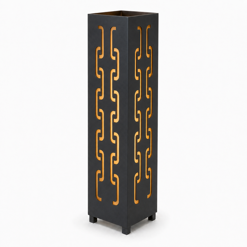 Design 141 black laser cut metal garden light tower with warm LED glow on white background