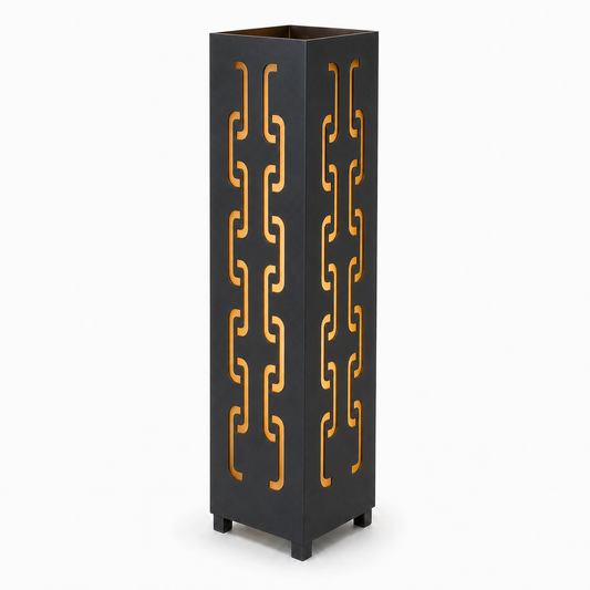 Design 141 black laser cut metal garden light tower with warm LED glow on white background