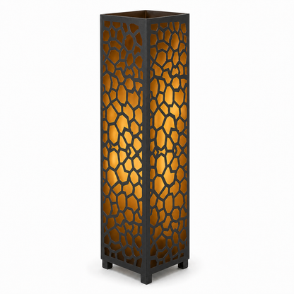 Design 142 black laser cut metal garden light tower with warm LED glow on white background