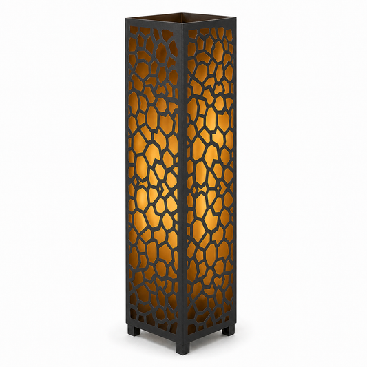 Design 142 black laser cut metal garden light tower with warm LED glow on white background