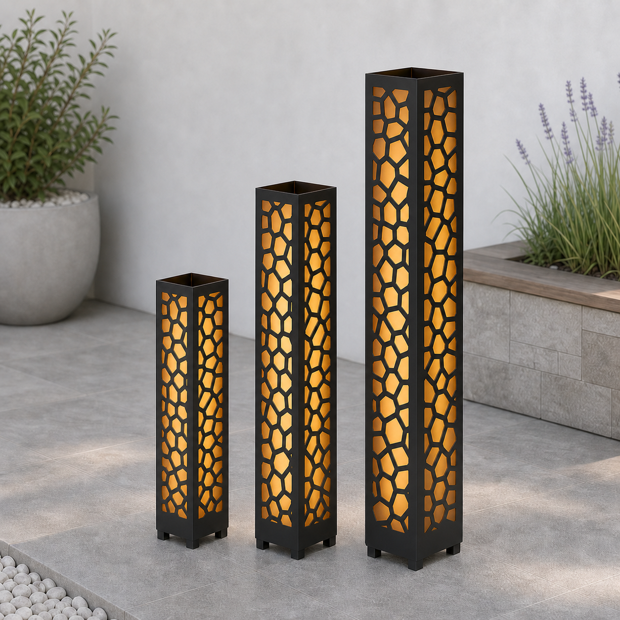 Design 142 laser cut garden light tower three size comparison