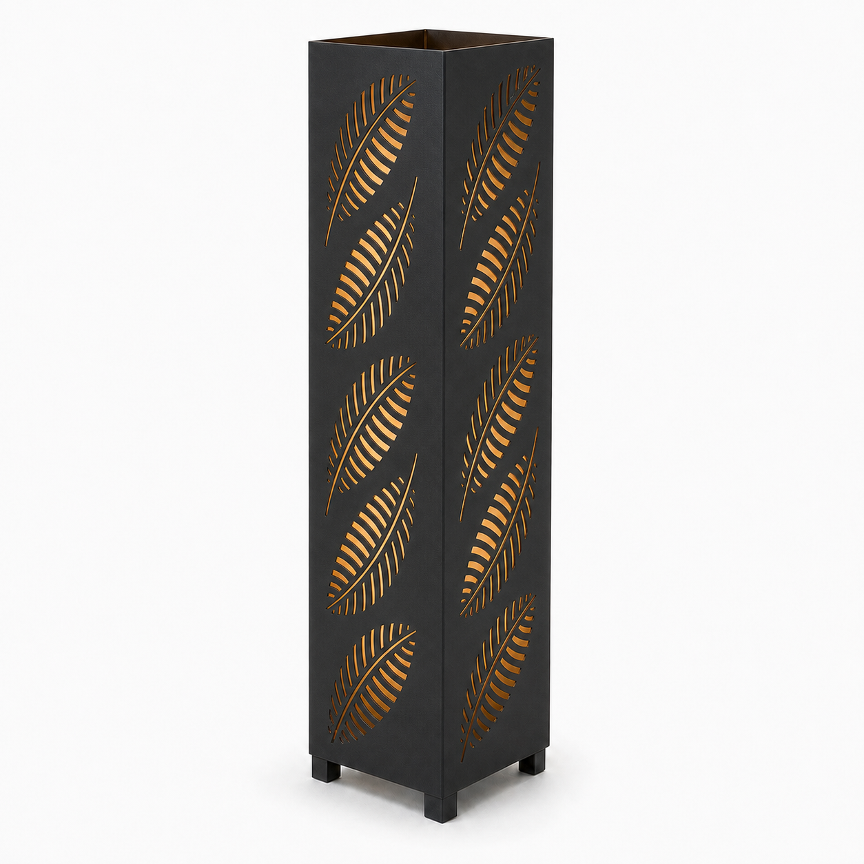 Design 143 black laser cut metal garden light tower with warm LED glow on white background