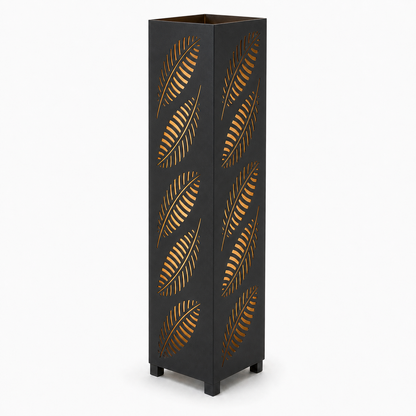 Design 143 black laser cut metal garden light tower with warm LED glow on white background