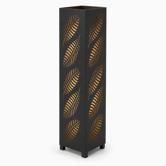 Design 143 black laser cut metal garden light tower with warm LED glow on white background