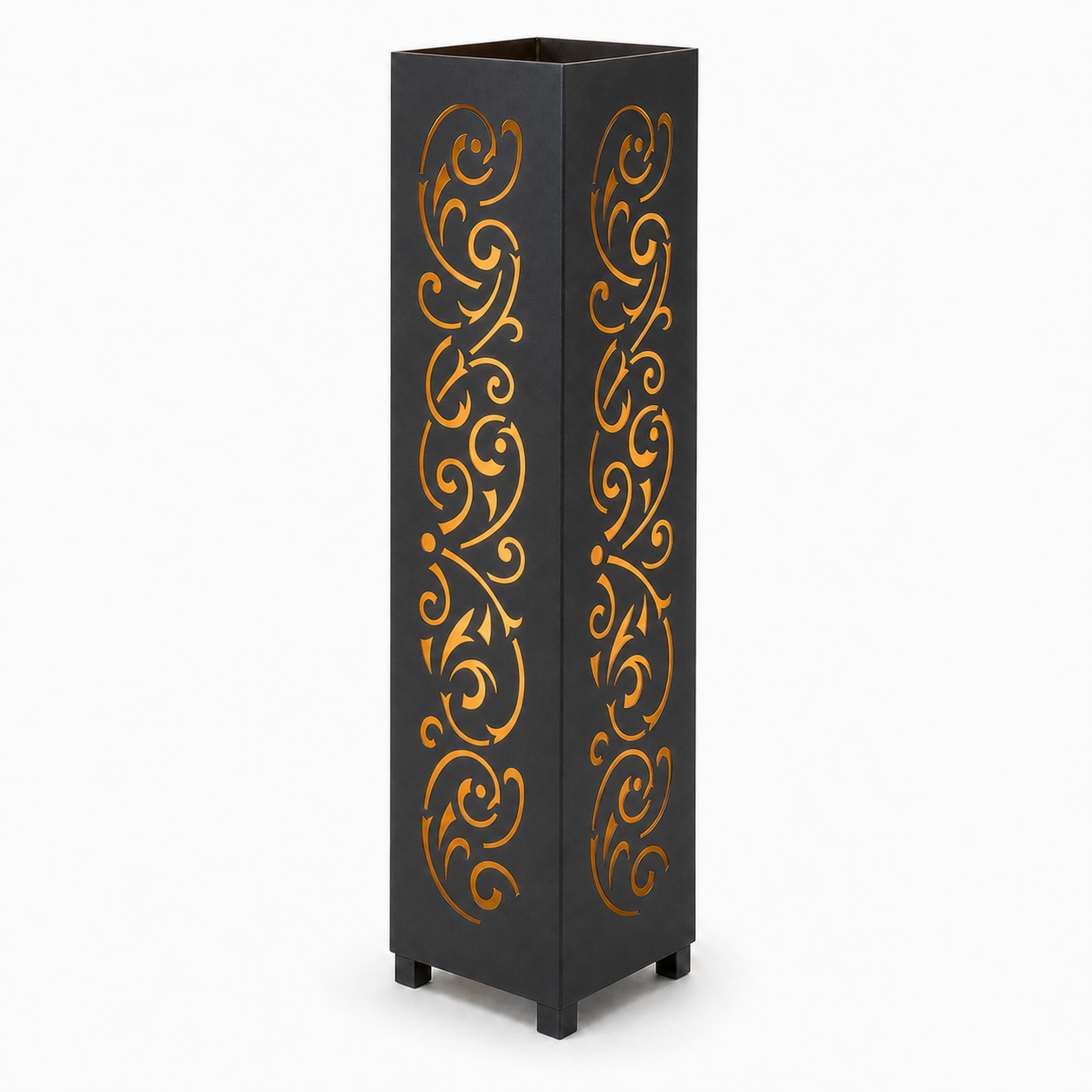 Design 144 black laser cut metal garden light tower with warm LED glow on white background