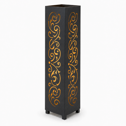 Design 144 black laser cut metal garden light tower with warm LED glow on white background