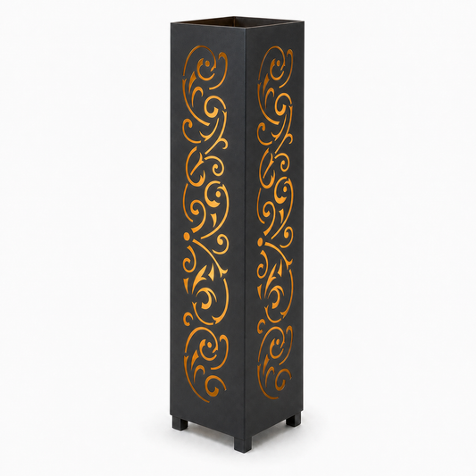 Design 144 black laser cut metal garden light tower with warm LED glow on white background