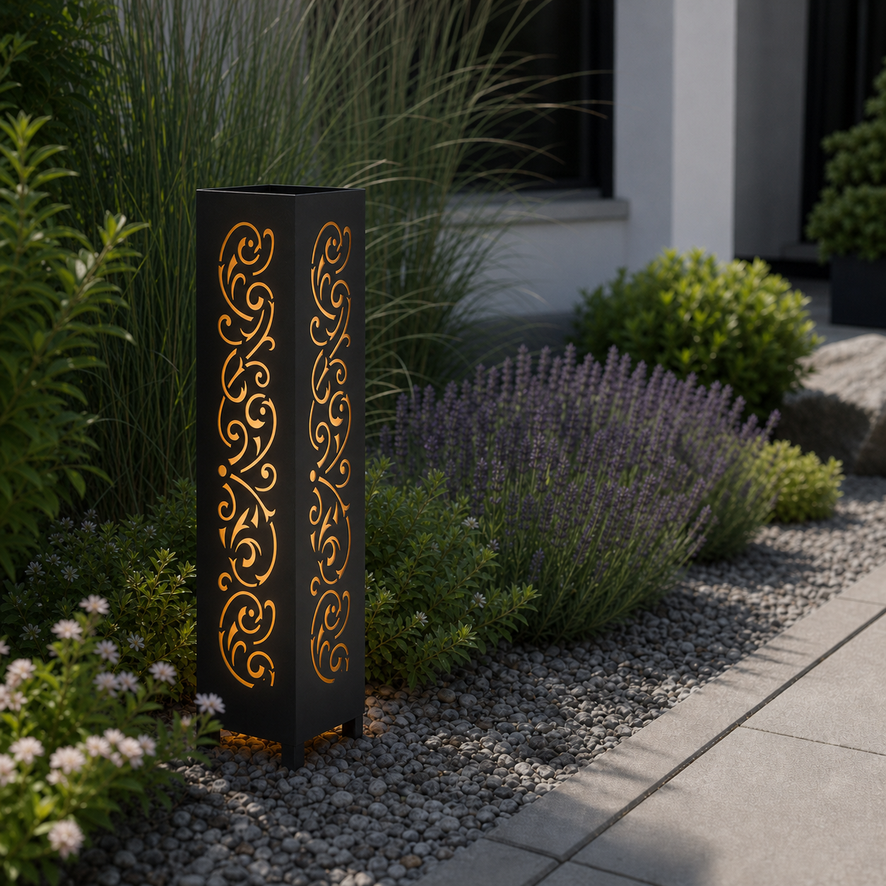 Design 144 laser cut garden light pillar installed in landscaped patio during daytime