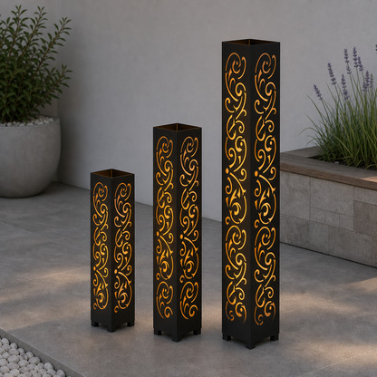 Design 144 laser cut garden light tower three size comparison