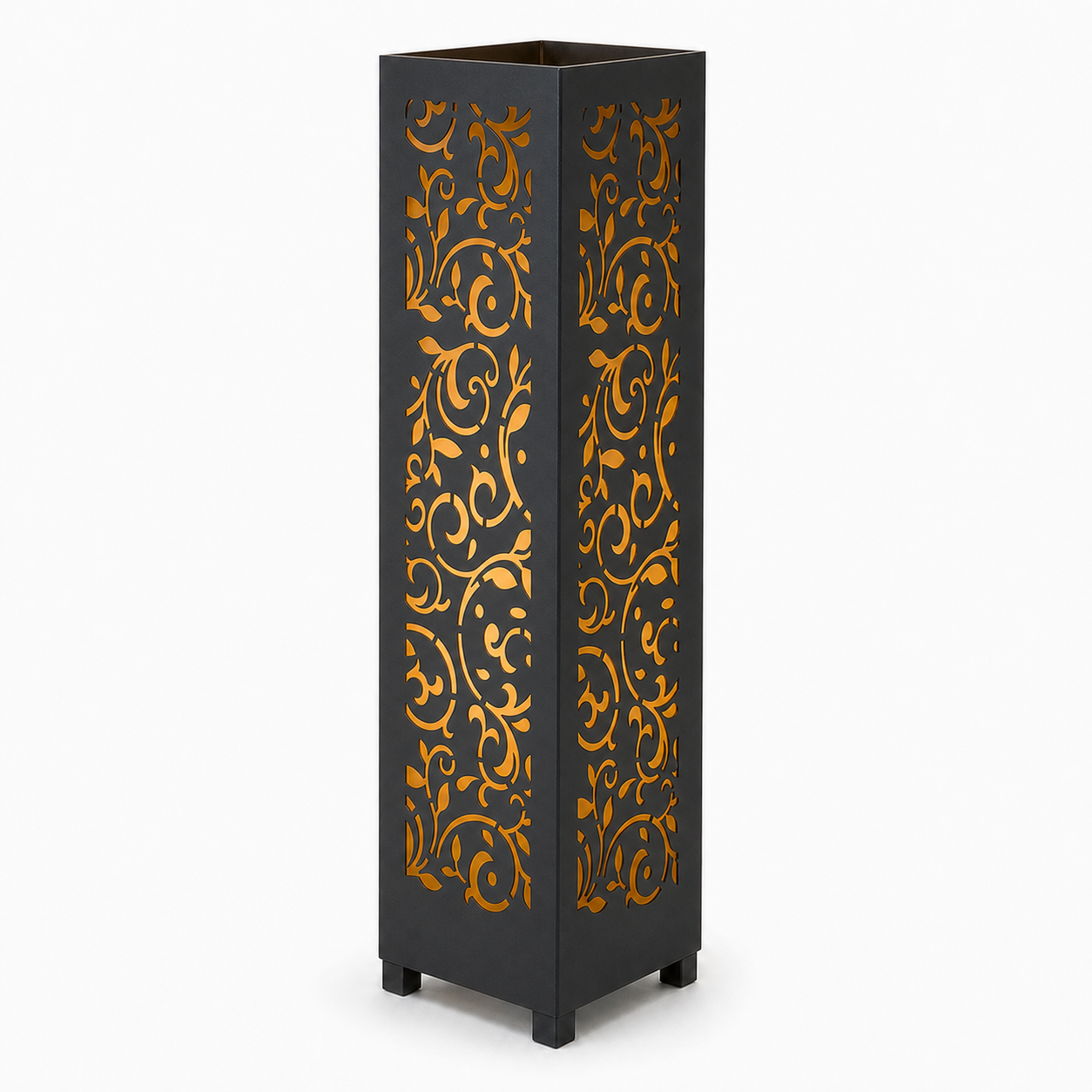 Design 145 black laser cut metal garden light tower with warm LED glow on white background