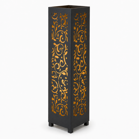 Design 145 black laser cut metal garden light tower with warm LED glow on white background