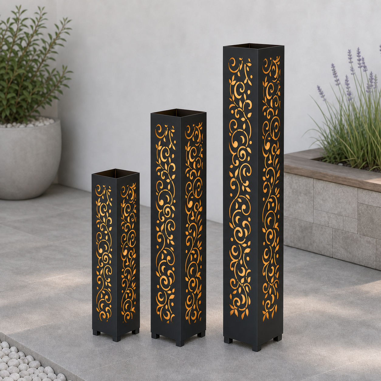 Design 145 laser cut garden light tower three size comparison